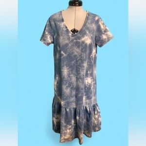 Blue Tie-Dye V-Neck T-shirt Dress